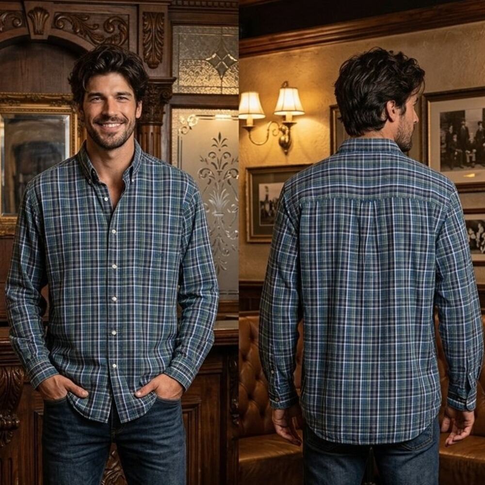 Vintage Chaps Ralph Lauren Plaid Long Sleeve Button Shirt Mens XL 50 Green Blue
